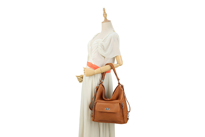 Long & Son Ladies Large Faux Leather Shoulder Bag/ Rucksack With Pocket Tan