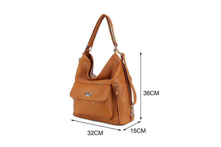 Long & Son Ladies Large Faux Leather Shoulder Bag/ Rucksack With Pocket Tan