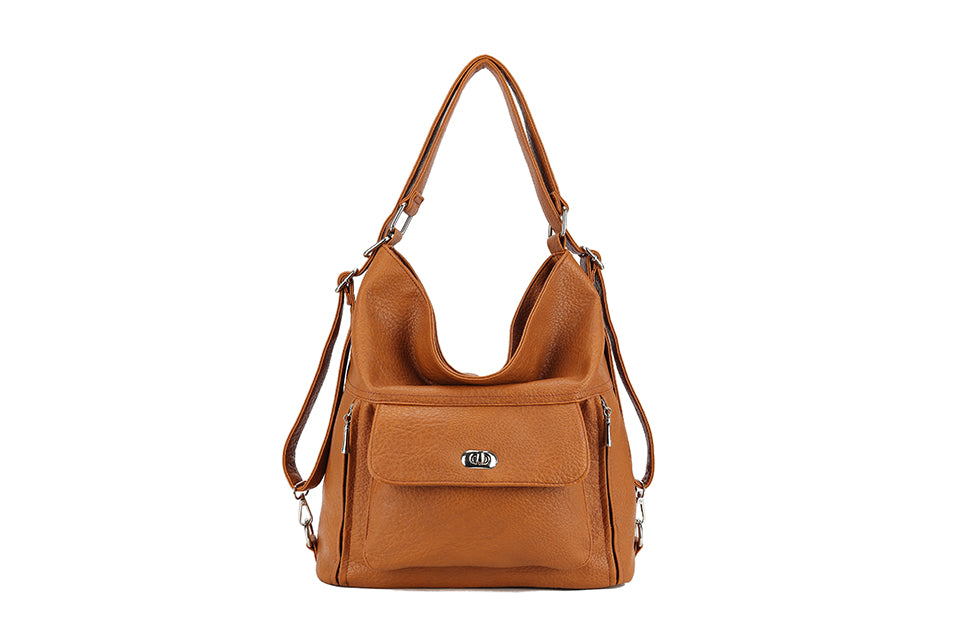Long & Son Ladies Large Faux Leather Shoulder Bag/ Rucksack With Pocket Tan