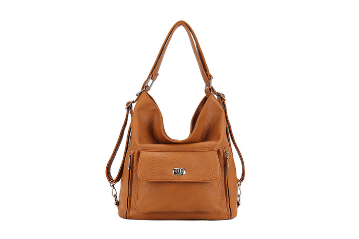 Long & Son Ladies Large Faux Leather Shoulder Bag/ Rucksack With Pocket Tan