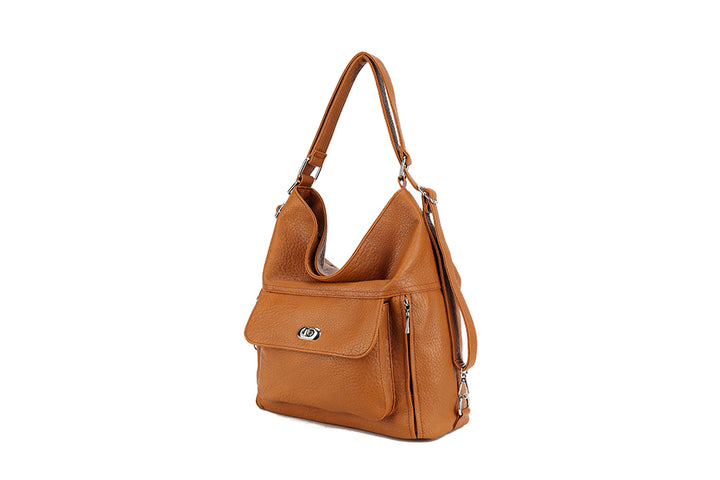 Long & Son Ladies Large Faux Leather Shoulder Bag/ Rucksack With Pocket Tan