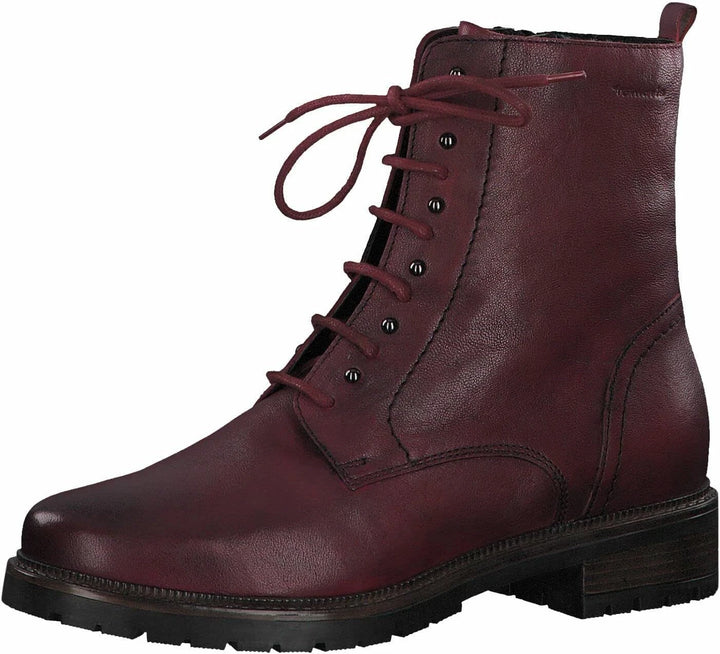 Ladies Tamaris 26207 Burgundy Red Leather Warm Lined Lace Up Memory Foam Ankle Boots