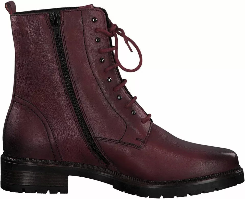Ladies Tamaris 26207 Burgundy Red Leather Warm Lined Lace Up Memory Foam Ankle Boots