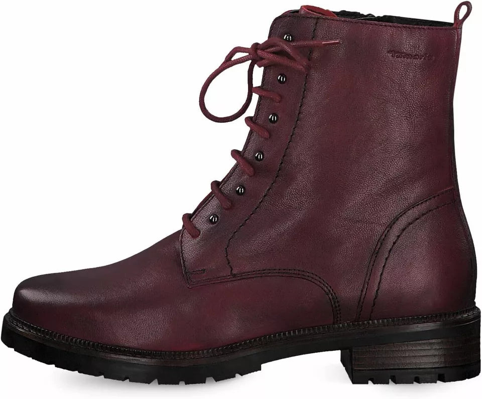 Ladies Tamaris 26207 Burgundy Red Leather Warm Lined Lace Up Memory Foam Ankle Boots