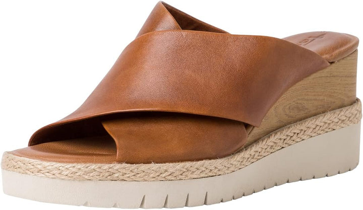 TAMARIS 27223 TAN BROWN CROSSOVER STRAP LEATHER WEDGE MULE SANDALS