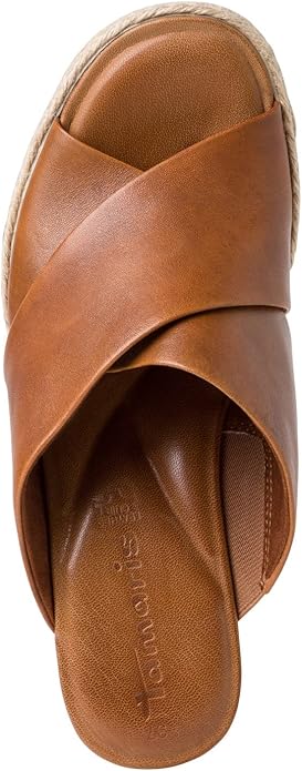 TAMARIS 27223 TAN BROWN CROSSOVER STRAP LEATHER WEDGE MULE SANDALS