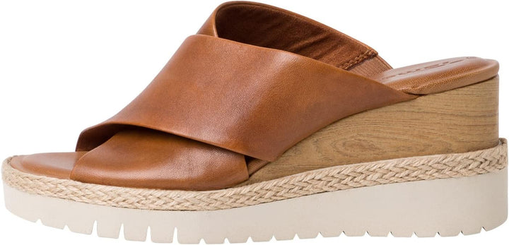 TAMARIS 27223 TAN BROWN CROSSOVER STRAP LEATHER WEDGE MULE SANDALS