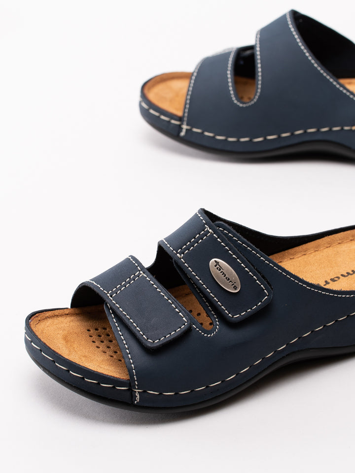 Tamaris 27510 Womens Navy Leather Wide Fit Touch Fasten Raised Sole Mule Sandals