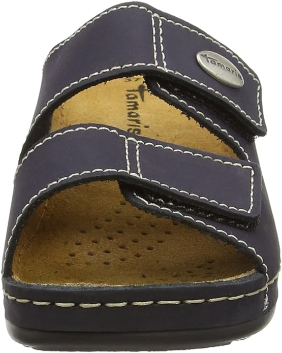 Tamaris 27510 Womens Navy Leather Wide Fit Touch Fasten Raised Sole Mule Sandals