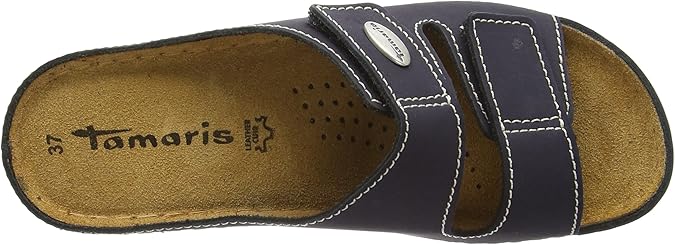 Tamaris 27510 Womens Navy Leather Wide Fit Touch Fasten Raised Sole Mule Sandals