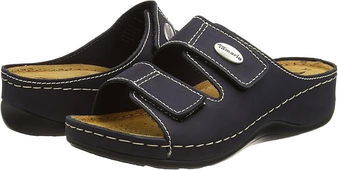 Tamaris 27510 Womens Navy Leather Wide Fit Touch Fasten Raised Sole Mule Sandals