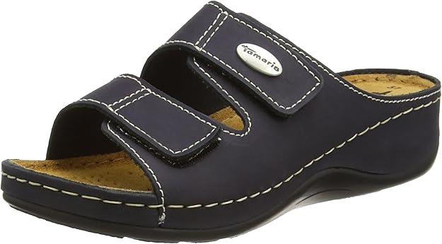 Tamaris 27510 Womens Navy Leather Wide Fit Touch Fasten Raised Sole Mule Sandals