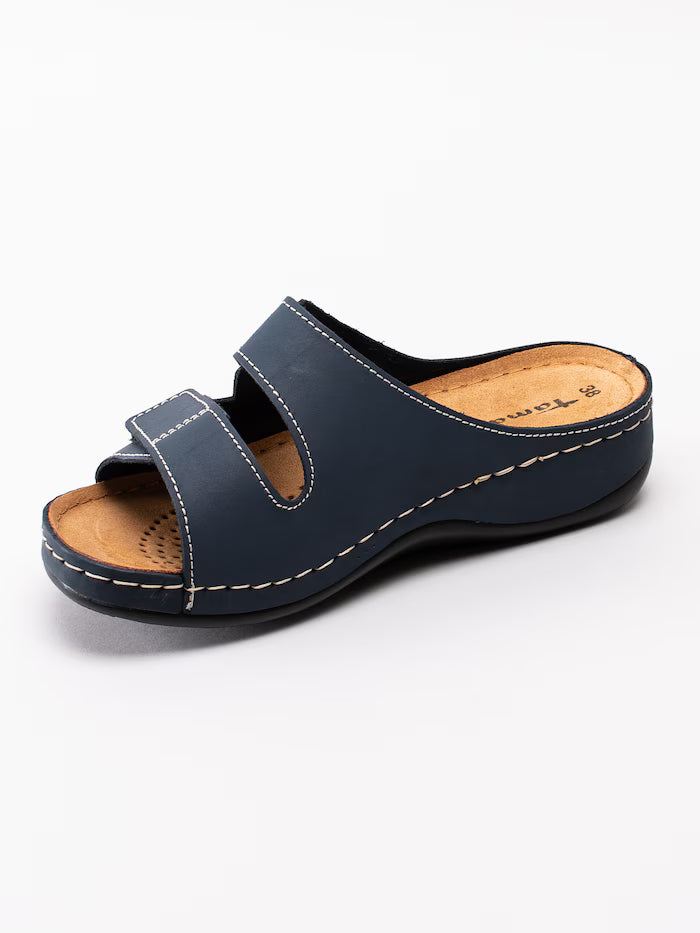 Tamaris 27510 Womens Navy Leather Wide Fit Touch Fasten Raised Sole Mule Sandals