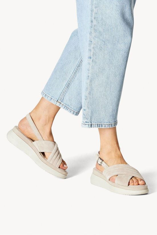 Tamaris 28306 Ladies Nude Taupe Colour Nubuck Chunky Wedge Slingback Sandals