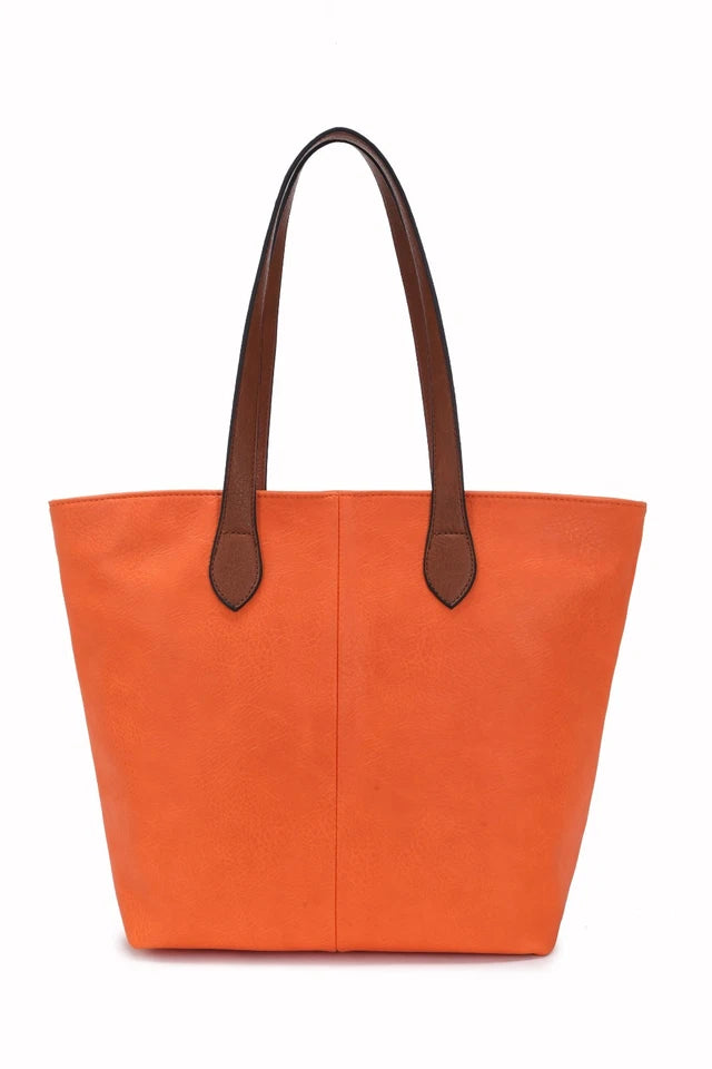 LONG & SON LADIES FAUX LEATHER MEDIUM TOTE SHOULDER/SHOPPING BAG WITH TAN STRAP AND ZIP FASTENING ORANGE