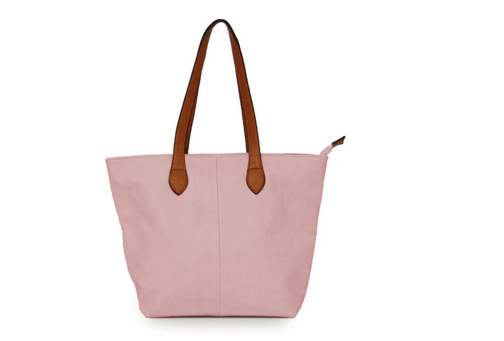 LONG & SON LADIES FAUX LEATHER MEDIUM TOTE SHOULDER/SHOPPING BAG WITH TAN STRAP AND ZIP FASTENING PINK