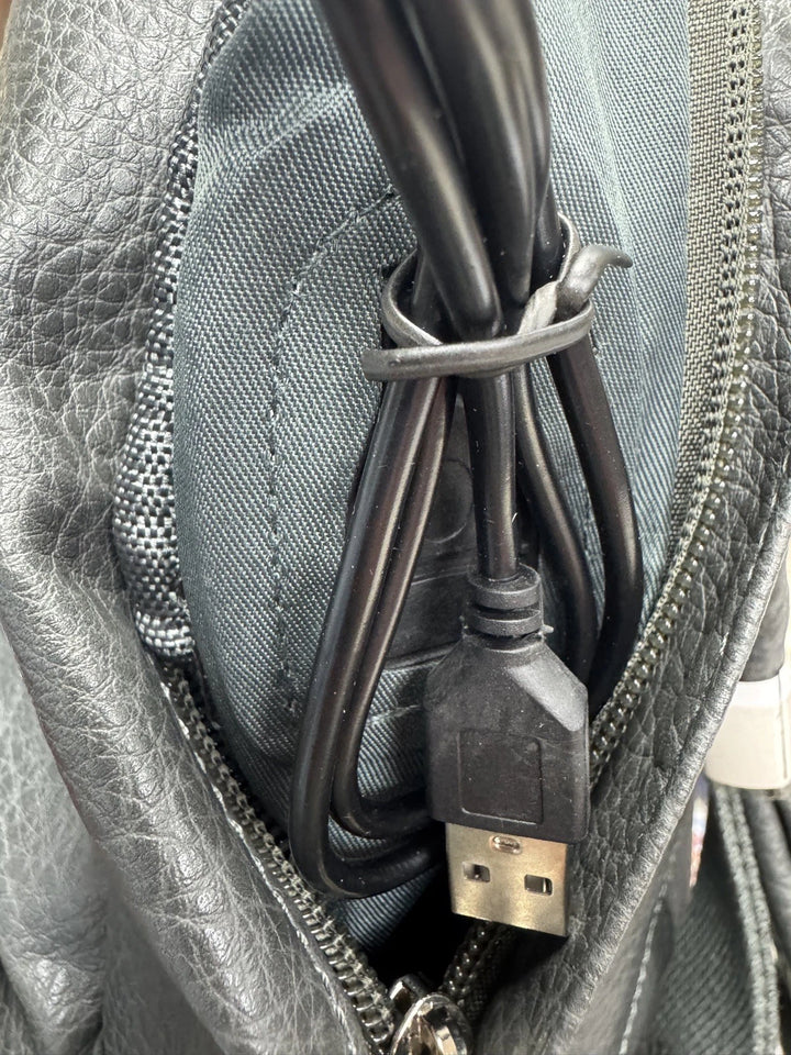 Long & Son Ladies Medium Antique Effect Faux Leather Fashion Rucksack Multi Pockets Grey With Built In USB Charging Wire
