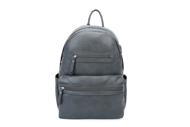 Long & Son Ladies Medium Antique Effect Faux Leather Fashion Rucksack Multi Pockets Grey With Built In USB Charging Wire