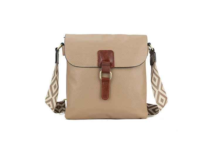 Long & Son Ladies Soft Faux Leather Crossbody Bag Canvas Adjustable Strap With Flap Taupe