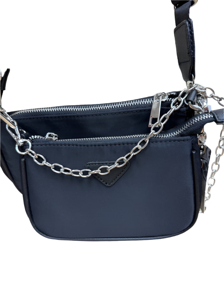 DESIGNER INSPIRED 3 IN 1 HANDBAG SET WITH PURSE ADJUSTABLE STRAP AND CHAIN BLACK