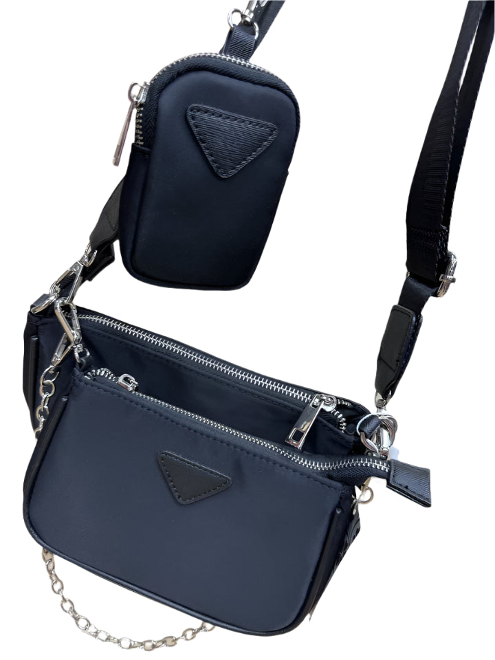 DESIGNER INSPIRED 3 IN 1 HANDBAG SET WITH PURSE ADJUSTABLE STRAP AND CHAIN BLACK