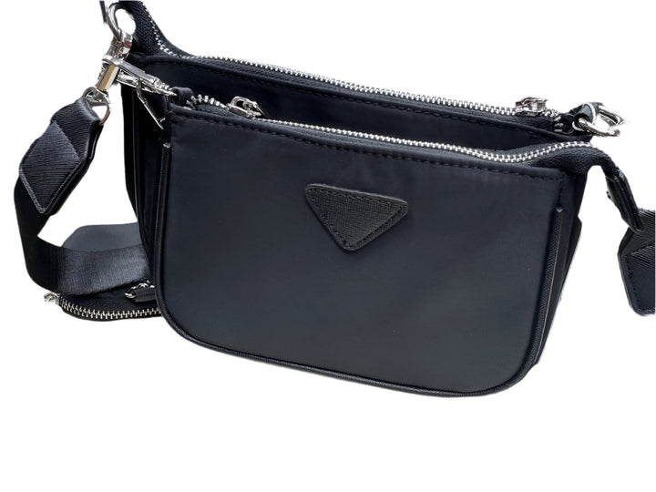 DESIGNER INSPIRED 3 IN 1 HANDBAG SET WITH PURSE ADJUSTABLE STRAP AND CHAIN BLACK