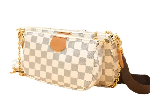 Designer Inspired 3 in 1 Handbag Set With Purse Adjustable Strap And Chain Beige