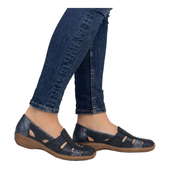 Rieker Antistress 41385 Ladies Leather Light Weight Elasticated Slip On Shoes Navy Combination