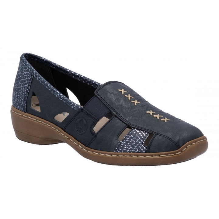 Rieker Antistress 41385 Ladies Leather Light Weight Elasticated Slip On Shoes Navy Combination