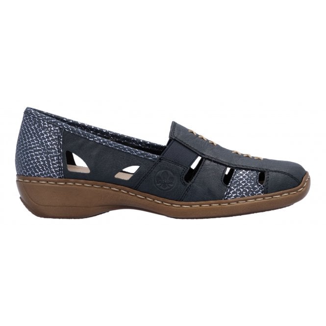 Rieker Antistress 41385 Ladies Leather Light Weight Elasticated Slip On Shoes Navy Combination