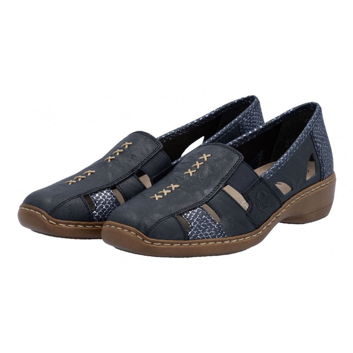 Rieker Antistress 41385 Ladies Leather Light Weight Elasticated Slip On Shoes Navy Combination