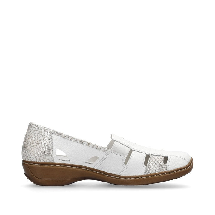 Rieker Antistress 41385 Ladies Leather Light Weight Elasticated Slip On Shoes White Combination