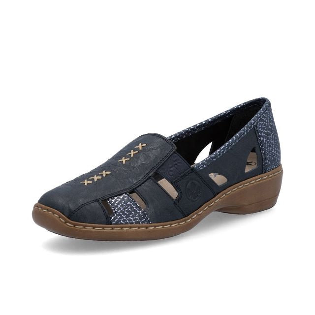 Rieker Antistress 41385 Ladies Leather Light Weight Elasticated Slip On Shoes Navy Combination