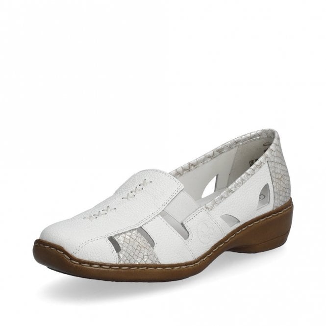 Rieker Antistress 41385 Ladies Leather Light Weight Elasticated Slip On Shoes White Combination
