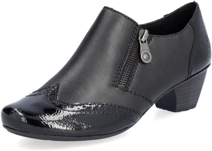 Rieker Antistress 41757 Ladies Black Leather/Patent Low Heel Trouser Shoes Boots With Brogue Pattern