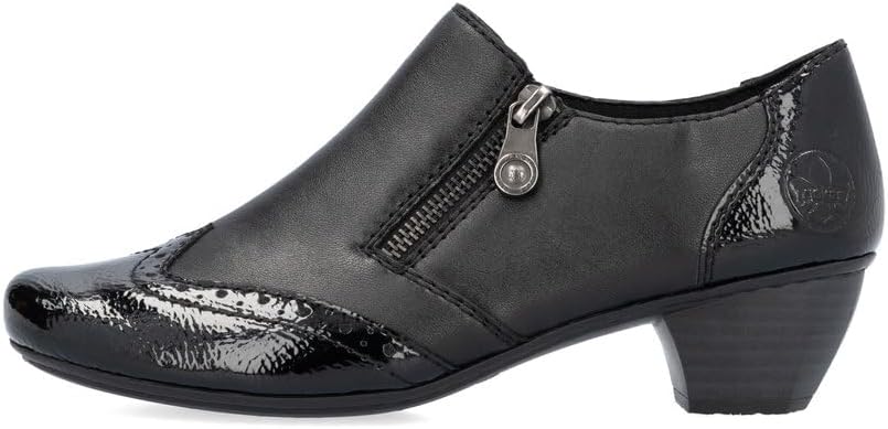 Rieker Antistress 41757 Ladies Black Leather/Patent Low Heel Trouser Shoes Boots With Brogue Pattern