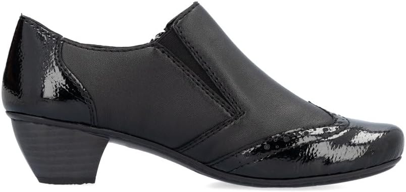 Rieker Antistress 41757 Ladies Black Leather/Patent Low Heel Trouser Shoes Boots With Brogue Pattern