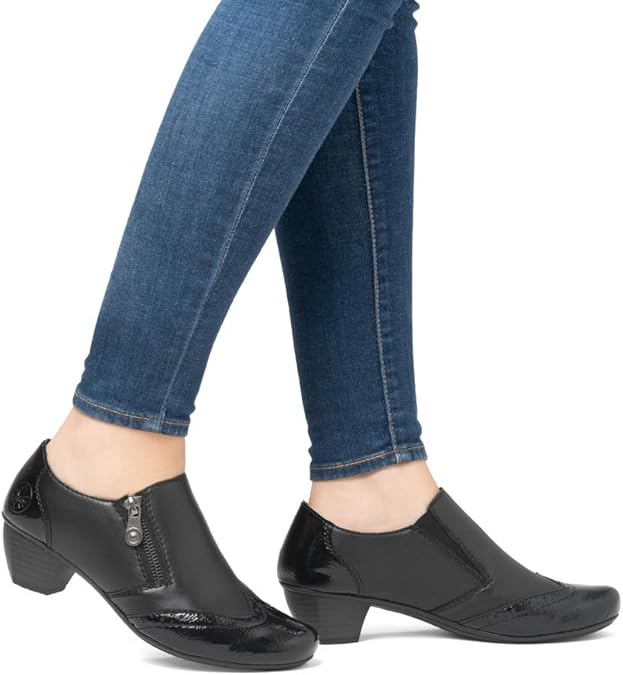 Rieker Antistress 41757 Ladies Black Leather/Patent Low Heel Trouser Shoes Boots With Brogue Pattern