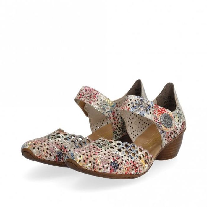 Rieker 43753 Ladies Punched Leather Mary Jane Block Heel Sandals Multi Coloured