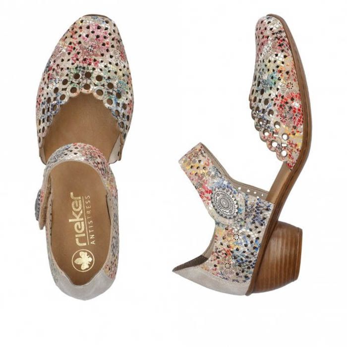 Rieker 43753 Ladies Punched Leather Mary Jane Block Heel Sandals Multi Coloured