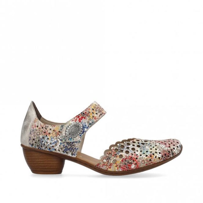 Rieker 43753 Ladies Punched Leather Mary Jane Block Heel Sandals Multi Coloured