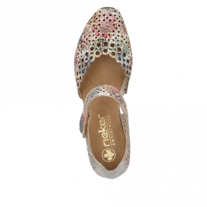 Rieker 43753 Ladies Punched Leather Mary Jane Block Heel Sandals Multi Coloured