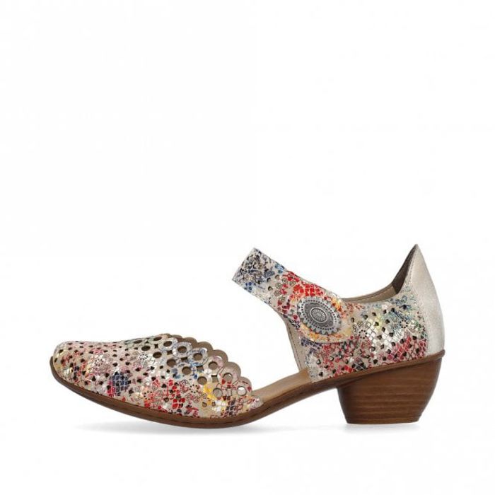Rieker 43753 Ladies Punched Leather Mary Jane Block Heel Sandals Multi Coloured