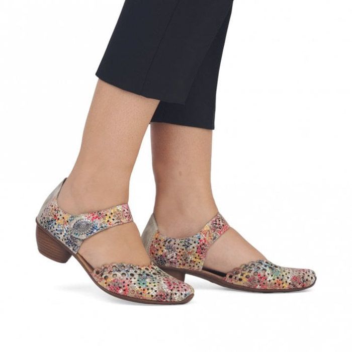 Rieker 43753 Ladies Punched Leather Mary Jane Block Heel Sandals Multi Coloured