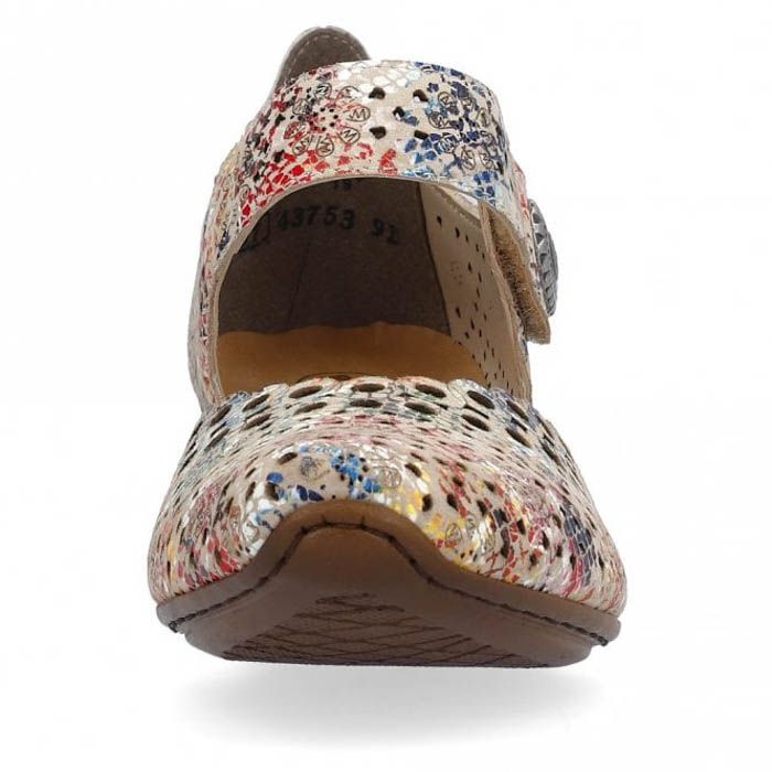 Rieker 43753 Ladies Punched Leather Mary Jane Block Heel Sandals Multi Coloured