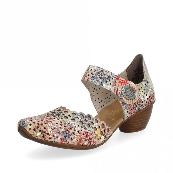 Rieker 43753 Ladies Punched Leather Mary Jane Block Heel Sandals Multi Coloured