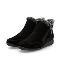 Rieker Tex 47256 Antistress Ladies Water Resistant Black Suede Faux Fur Warm Lined Double Zip Fasten Low Ankle Boots