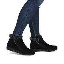 Rieker Tex 47256 Antistress Ladies Water Resistant Black Suede Faux Fur Warm Lined Double Zip Fasten Low Ankle Boots