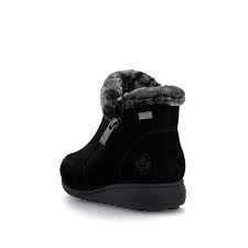 Rieker Tex 47256 Antistress Ladies Water Resistant Black Suede Faux Fur Warm Lined Double Zip Fasten Low Ankle Boots