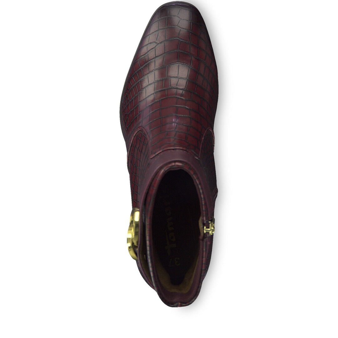 Tamaris 25348 Croc Print Mid Block Heel Ankle Winter Boots Gold Trim Burgundy